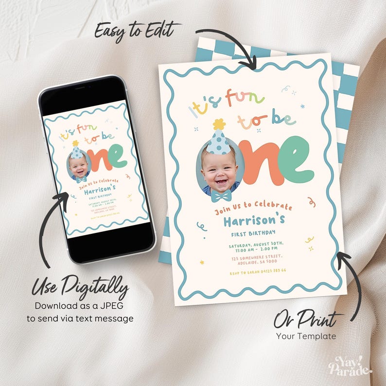 The image is a birthday invitation for a baby, featuring a smiling baby's photo and text that reads "It's fun to be one" and "Join us to celebrate Harrison's first birthday". The invitation is available in both digital and print formats, and it can be easily edited and sent via text message.