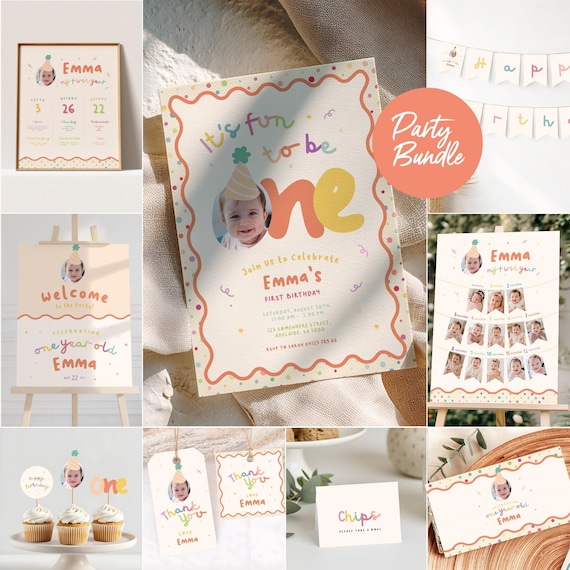 Girls First Birthday Invitation & Party Pack Bundle, Fun to Be One 1st Invite Retro, Custom Photo (Instant Download, Canva Template)