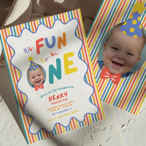 Fun to Be One First Birthday Invitation Boy's 1st Invite Colorful, Party Hat & Bow Tie, Upload Editable Photo | Instant Download