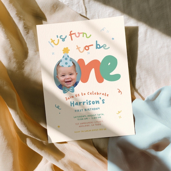 First Birthday Invitation Boy Retro Color, It's Fun to Be One, 1st Party Hat & Bow Tie Custom Photo | Instant Download