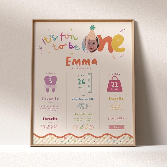 Girl's First Birthday About Me Sign, It's Fun to Be One, Milestone Poster: Colorful Party Hat | Instant Download