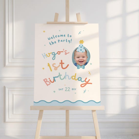 Boys First Birthday Welcome Sign: It's Fun to Be One, Colorful Party Hat Bow Tie | Instant Download