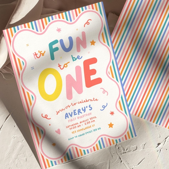 Fun To Be One Girls First Birthday Invite: 1st Birthday Party Invitation (Editable Download, Canva Template)