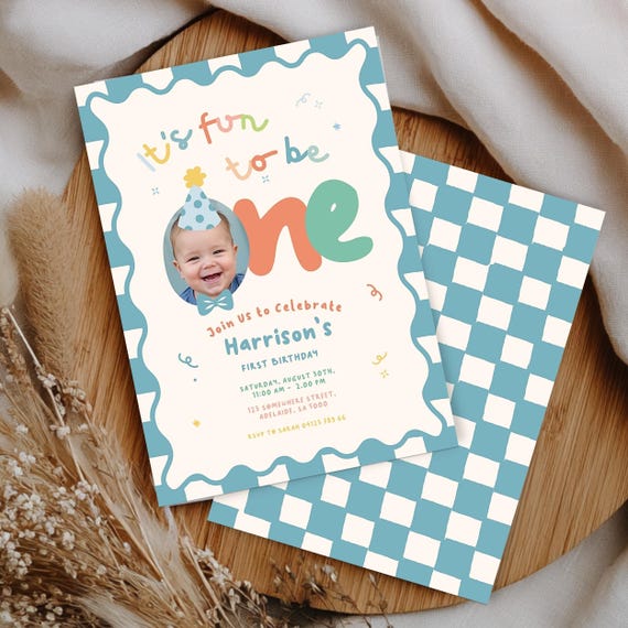 1st Birthday Invitation Boy Retro Colorful, It's Fun to Be One, Custom Photo | Instant Download