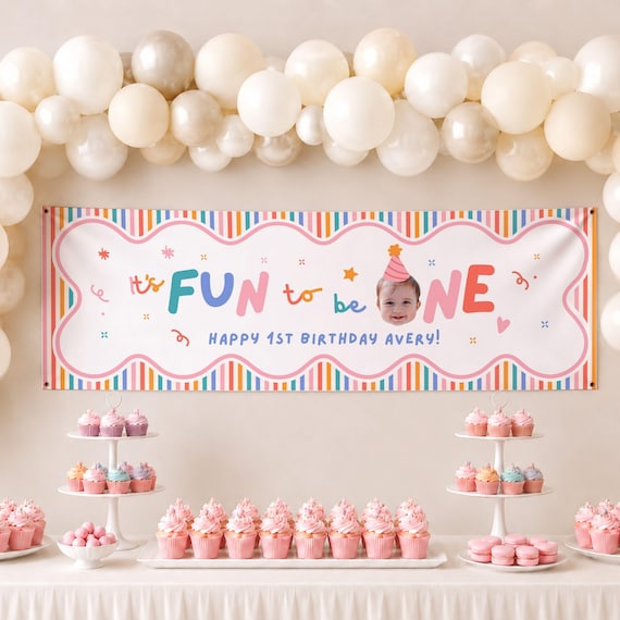 Girls First Birthday Party Banner Sign, Happy Birthday Poster: Its Fun to Be One, Custom Face Cutout (Printable, Instant Download)