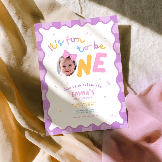 Girl First Birthday Invitation: 1st Bright Colorful Bow in Hair, It's Fun to Be One, Upload Custom Photo | Instant Download