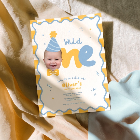 Wild One First Birthday Invitation: Boys 1st Invite Colourful, Party Hat & Bow Tie - Editable Fun Face Cutout Photo | Instant Download
