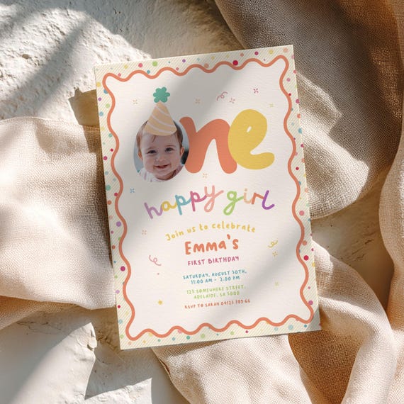 One Happy Girl First Birthday Invitation, Fun 1st Invite Colorful Retro, Party Hat, Custom Photo | Instant Download
