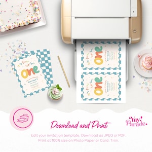 a variety of party-related items, including a cake, cupcakes, and a printer. The text suggests that the image is a collage of multiple images and is meant to be used as an invitation template.