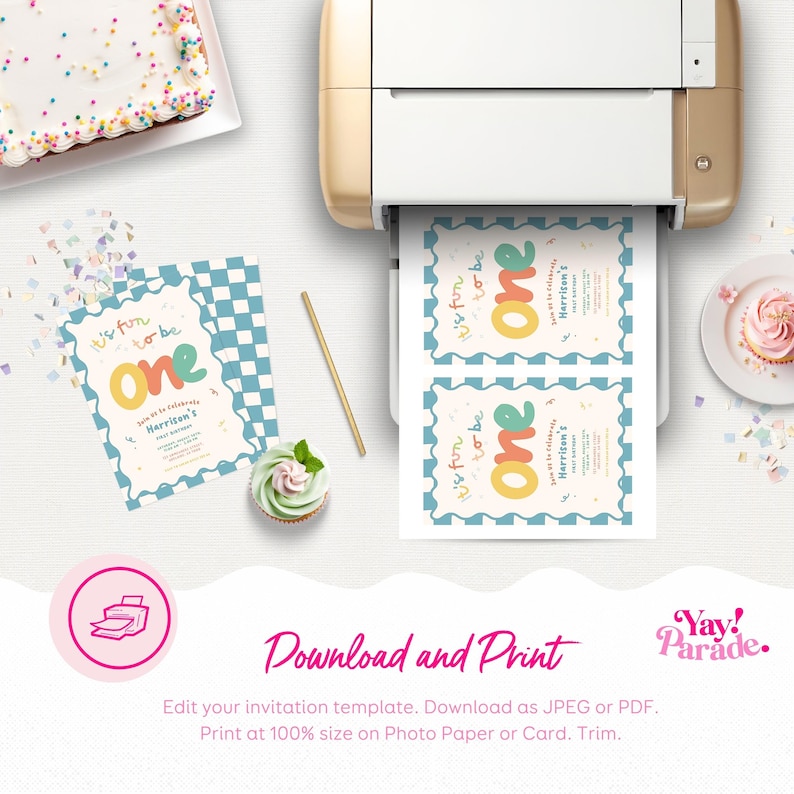 a variety of party-related items, including a cake, cupcakes, and a printer. The text suggests that the image is a collage of multiple images and is meant to be used as an invitation template.