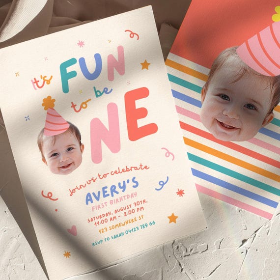 Editable Girls 1st Birthday Invite: Fun To Be One, Face Cutout Custom Photo Invitation (Download Canva Template)