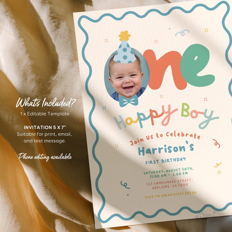 May include: A birthday invitation with a photo of a baby wearing a party hat and bow tie. The invitation reads "One Happy Boy" and includes event details. The invitation is 5 x 7 inches.