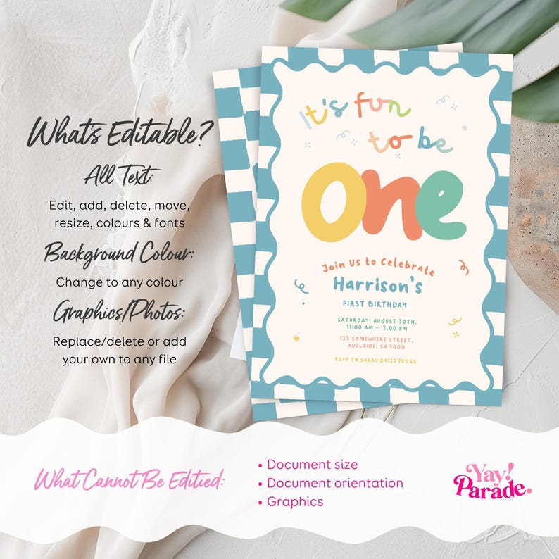 The image is a birthday invitation for a one-year-old, featuring a checkered border and colorful text. The invitation is edited and ready for use, with options to change the background color, add graphics/photos, and customize the document size and orientation.