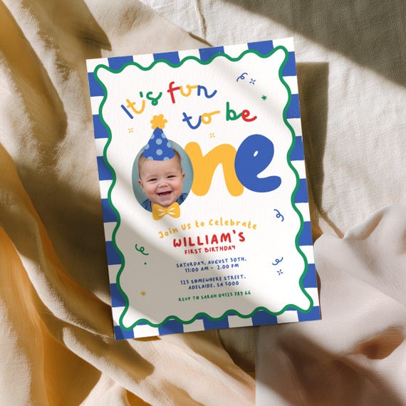 It's Fun to Be One, 1st Birthday Invitation Boy, Colorful Primary Colors, Party Hat & Bow Tie Custom Photo | Instant Download