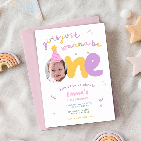 Girls Just Wanna Be ONE, 1st Birthday Invitation Girl Colorful, Party Hat, Fun Custom Photo | Instant Download