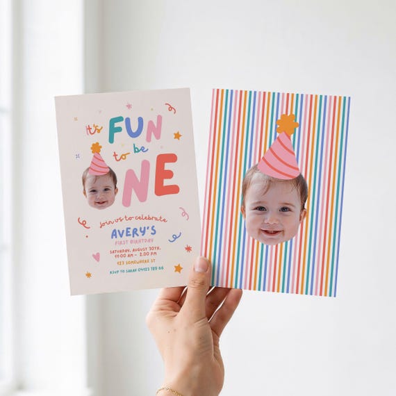 Editable Girls 1st Birthday Invite: Fun To Be One, Face Cutout Custom Photo Invitation (Download Canva Template)