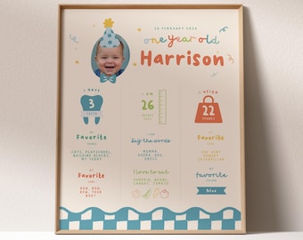 Cartel "Sobre mí" para el primer cumpleaños de niño, póster de hitos: ¡Es divertido tener un año!, gorro de fiesta colorido y pajarita / Descarga instantánea
