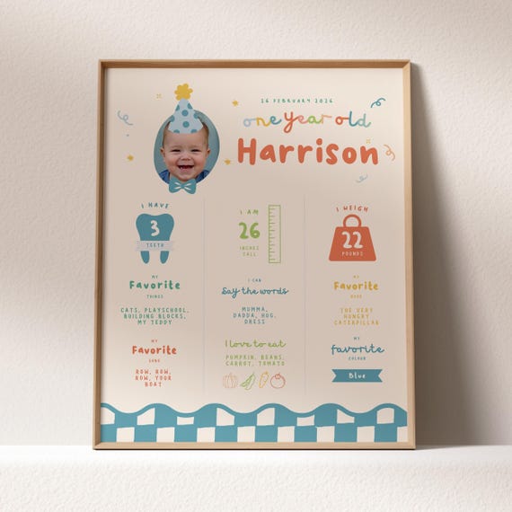 Boys First Birthday About Me Sign, Milestone Poster - Its Fun to Be One, Colorful Party Hat & Bow Tie | Instant Download