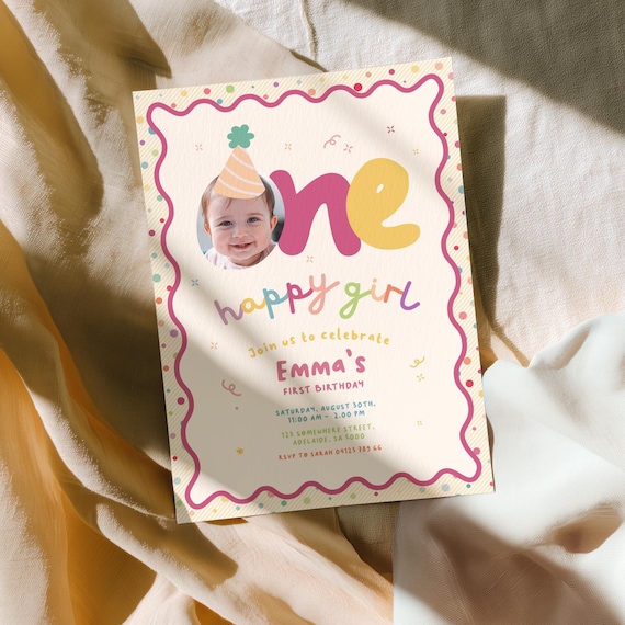 One Happy Girl First Birthday Invitation, Fun 1st Invite Colorful Retro, Party Hat, Custom Photo | Instant Download