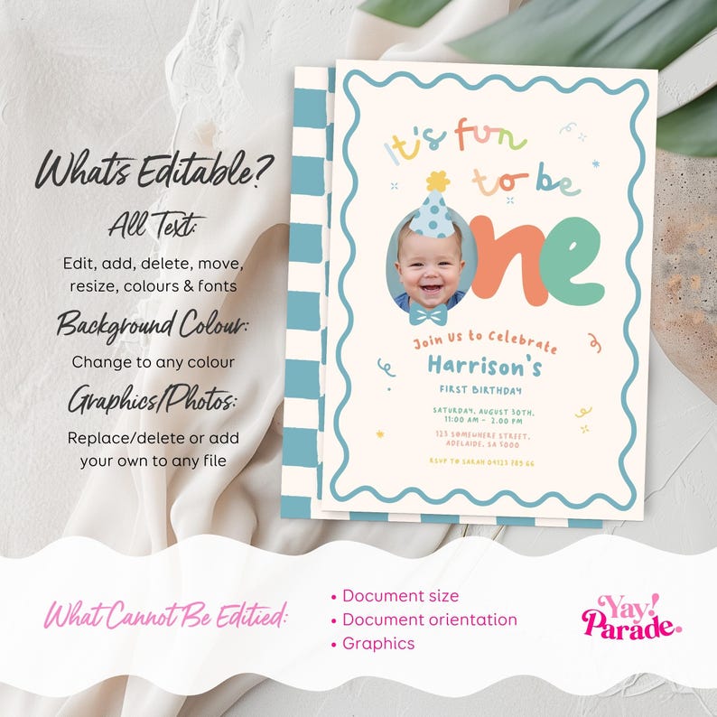 The image is a birthday invitation for a baby's first birthday. It includes text and graphics that provide details about the event, such as the name of the baby, the date, and the location. The invitation is edited and ready for use, and it is a collage of multiple images. The text and graphics are not described in detail, and the invitation does not contain any redundancy or vague wording.