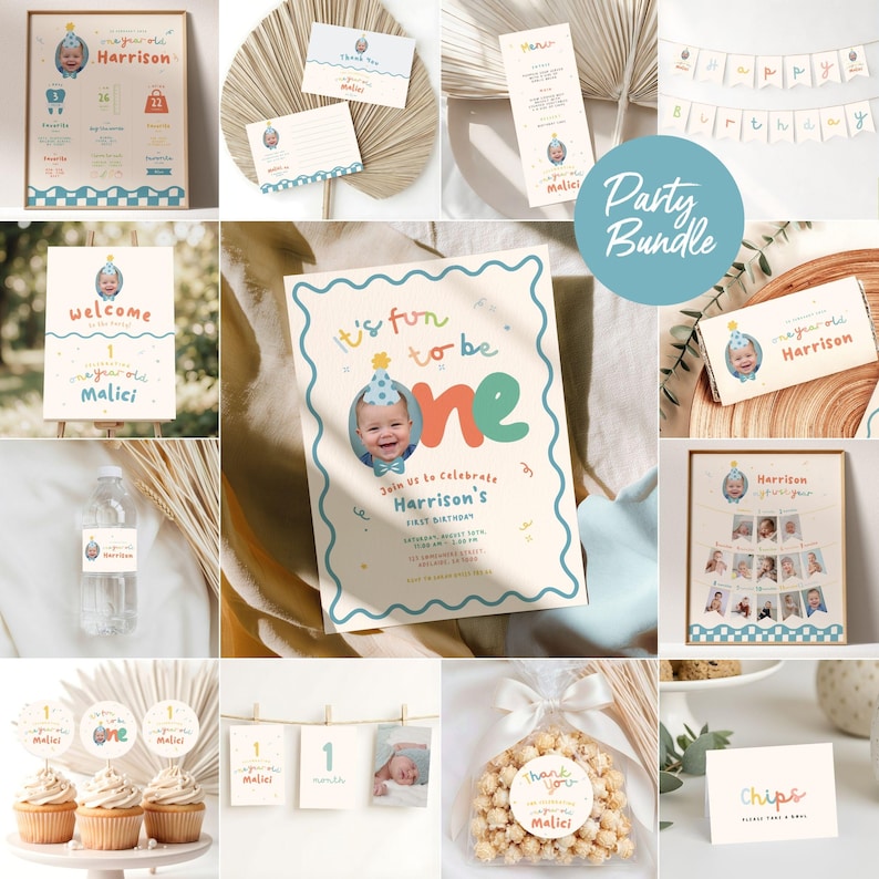 Puede incluir: Un conjunto de suministros para fiestas con tem&aacute;tica de beb&eacute;. Incluye invitaciones, adornos para cupcakes, una pancarta y una exhibici&oacute;n de fotos enmarcada. La combinaci&oacute;n de colores es azul pastel, verde y naranja, con el texto "It's fun to be one".