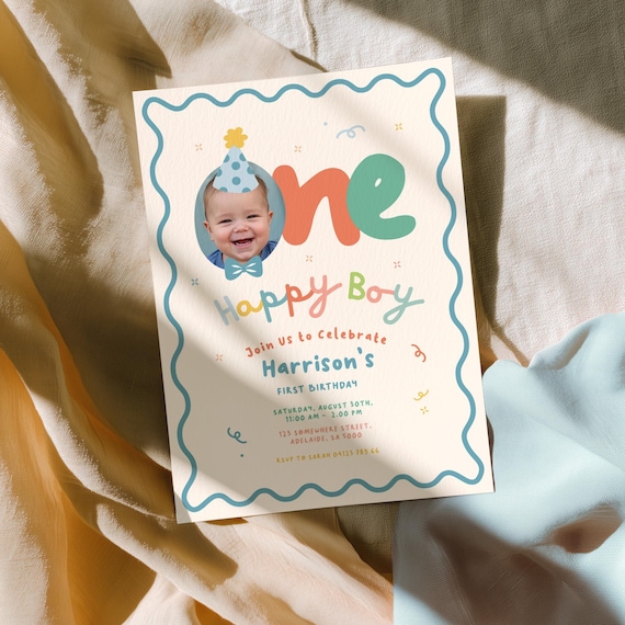 One Happy Boy First Birthday Invitation, Fun 1st Invite Colorful, Party Hat & Bow Tie, Custom Photo | Instant Download
