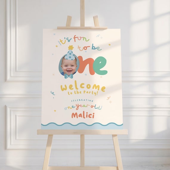 Boys First Birthday Welcome Sign: It's Fun to Be One, Colorful Party Hat Bow Tie | Instant Download