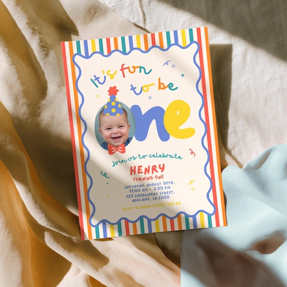 Its Fun To Be One Editable First Birthday Invitation Template, Colorful 1st Birthday Invite, Instant Download