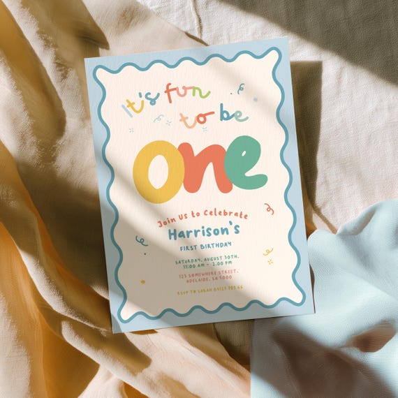 First Boys Birthday Invitation Retro Colors, It's Fun to Be One 1st Invite | Editable Canva Template