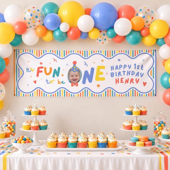 Boys First Birthday Party Hat Banner Sign, Happy Birthday Poster: Its Fun to Be One, Fun Face Photo Bow Tie (Printable, Instant Download)