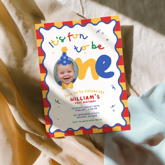 First Birthday Invitation Boy: It's Fun to Be One, Colorful Primary Colors, Party Hat & Bow Tie, Editable Photo | Instant Download
