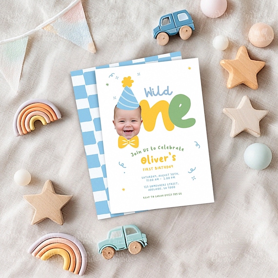 1st Birthday Invitation - Wild One Theme, Party Hat & Bow Tie, Editable Fun Face Cutout Photo