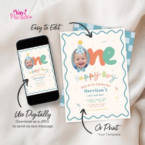 May include: A digital and printed first birthday invitation. The invitation features a photo of a baby wearing a party hat, the words "Happy Boy," and event details. The invitation is displayed on a smartphone and a printed card.