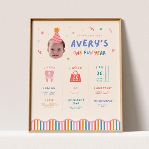 May include: A personalised birthday milestone poster featuring a photo of a child in a pink party hat, the text Avery's One Fun Year, and sections detailing 3 teeth, 22 pounds, 26 inches tall, favourite foods, songs, and nicknames on a cream background.