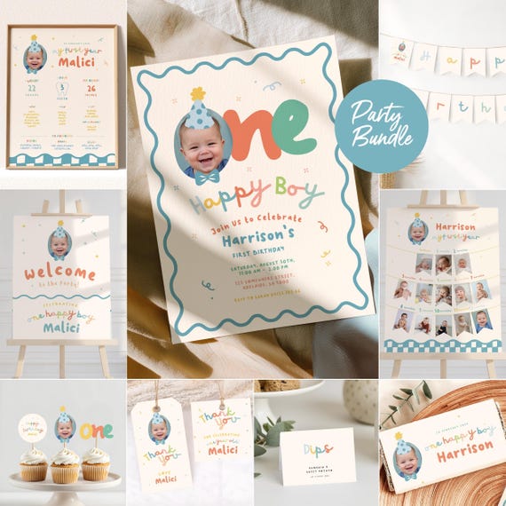 One Happy Boy First Birthday Invitation Boys & Party Pack Bundle: Custom Photo (Editable, Instant Download)