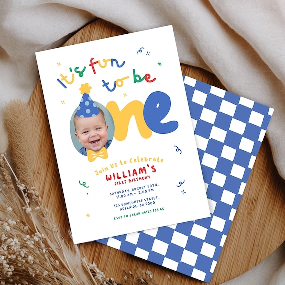 First Birthday Invitation Boy: It's Fun to Be One, Colorful Primary Colors, Party Hat & Bow Tie, Editable Photo | Instant Download