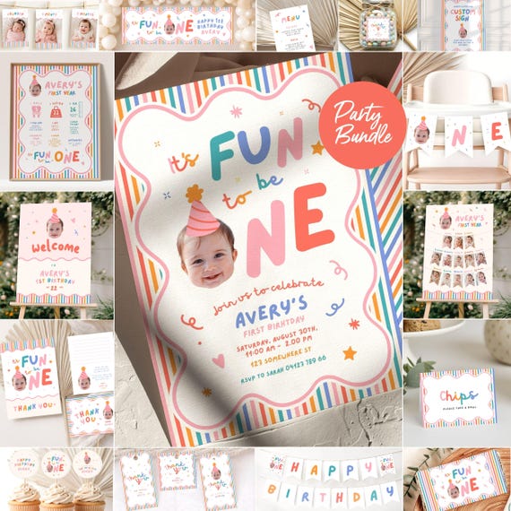 Fun To Be One Face Cutout Editable Photo 1st Birthday Invitation Girl: Party Pack Decor Decorations Bundle | Download Canva Template