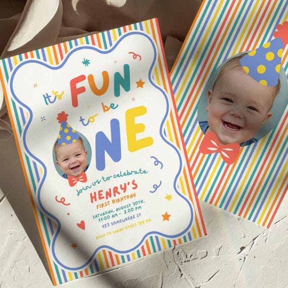 Fun To Be One Face Custom Editable Photo 1st Birthday Invitation Boy Colorful Party Hat & Bow Tie | Download Canva Template