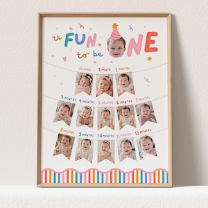 May include: A framed milestone poster featuring the text "it's FUN to be ONE" with a photo of a child in a party hat. Below, twelve triangular pennants display photos of a baby from newborn to twelve months, each labeled with the corresponding age.