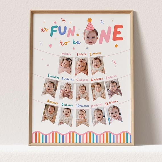 Girls First Birthday Photo Board Poster Print, About Me Sign, Its Fun to Be One, Colorful Party Hat | Instant Download