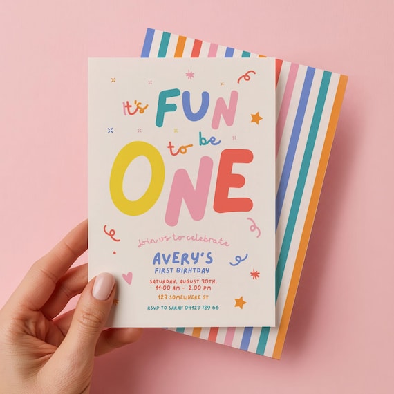 Girls First Birthday Invitation: Fun to Be One (Editable Download Canva Template)