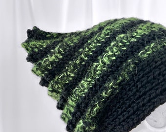 Black Green Stripes Cat Ears Beanie, Winter Hat, Funny Gifts, Slouchy Beanie, Womens Hat, Winter Accessories, Holiday Fashion, Cat Hat