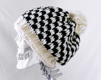 Black and White Checker Slouchy Beanie Hat, Winter Hat, Funny Gifts, Womens Hat, Winter Accessories, Holiday Fashion, Loofah