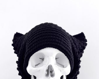 Crochet Black Cat Ear Beanie: Slouchy Goth Winter Hat