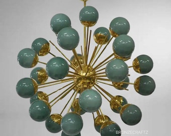 1950s Brass Chandelier with Teal Gloss Globe Shades and Gold-Plated Metal Spoke Frame for Dining room and bedroom