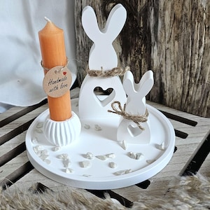 Gips Tablett mit Hasen & Kerzenhalter | Frühlingsdeko  | Geschenk zu Ostern | Scandi Deko | Handmade Gipsdekor | verschiedene Kerzenfarben
