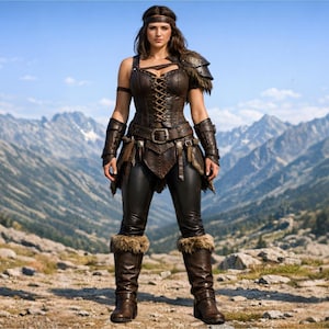 Puede incluir: Una persona con un disfraz de guerrero de cuero marrón frente a una cordillera. El disfraz incluye un corsé, leggings, protectores de brazos y botas con ribete de piel. Una diadema y una armadura de hombro completan el look.
