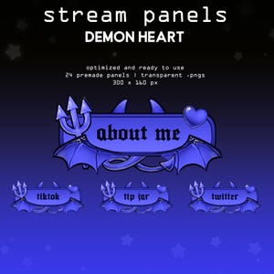 May include: A set of blue digital stream panels titled Demon Heart, featuring 24 transparent PNG files measuring 300 x 160 px. The panels include a trident, bat wings, and a heart icon, with text labels such as about me, tiktok, tip jar, and twitter.