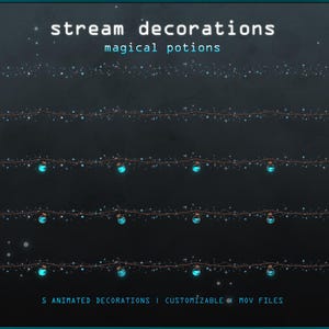 May include: Five rows of digital stream decorations featuring magical potions. The text reads stream decorations magical potions and 5 animated decorations | customizable mov files. Each row displays glowing blue potion bottles and sparkles.