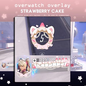Può includere: Un overlay di gioco digitale intitolato Overwatch Overlay Strawberry Cake, caratterizzato da un tema rosa e bianco con motivi a fragola, accenti di perle e fiocchi. Il design include una cornice circolare con il numero 5 e una barra salute 225.